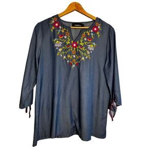 Creation Blue Embroidered Tie Sleeve Top Women’s Medium